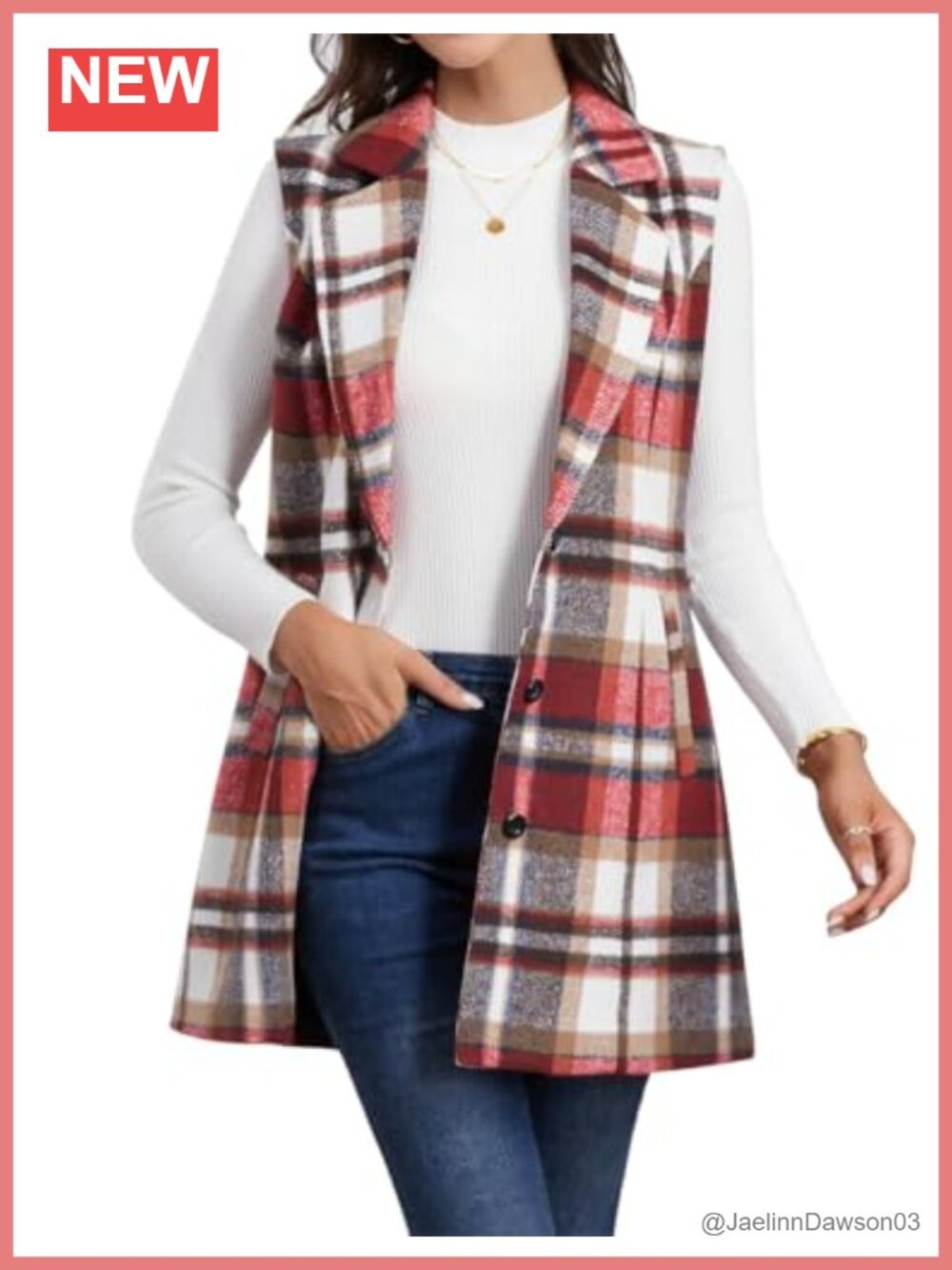 Womens Long Wool Plaid Vest Sleeveless Blazer Jacket Outerwear